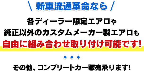 新車流通革命なら、各ディーラー限定エアロや純正以外のカスタムメーカー製エアロも自由に組み合わせ取り付け可能です！その他コンプリートカー販売承ります！
